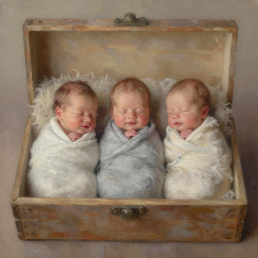 Newborn Babies Sleeping Peacefully in Wooden Box