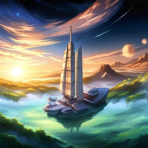 Luxury Boat Sails Above Clouds in Anime Style