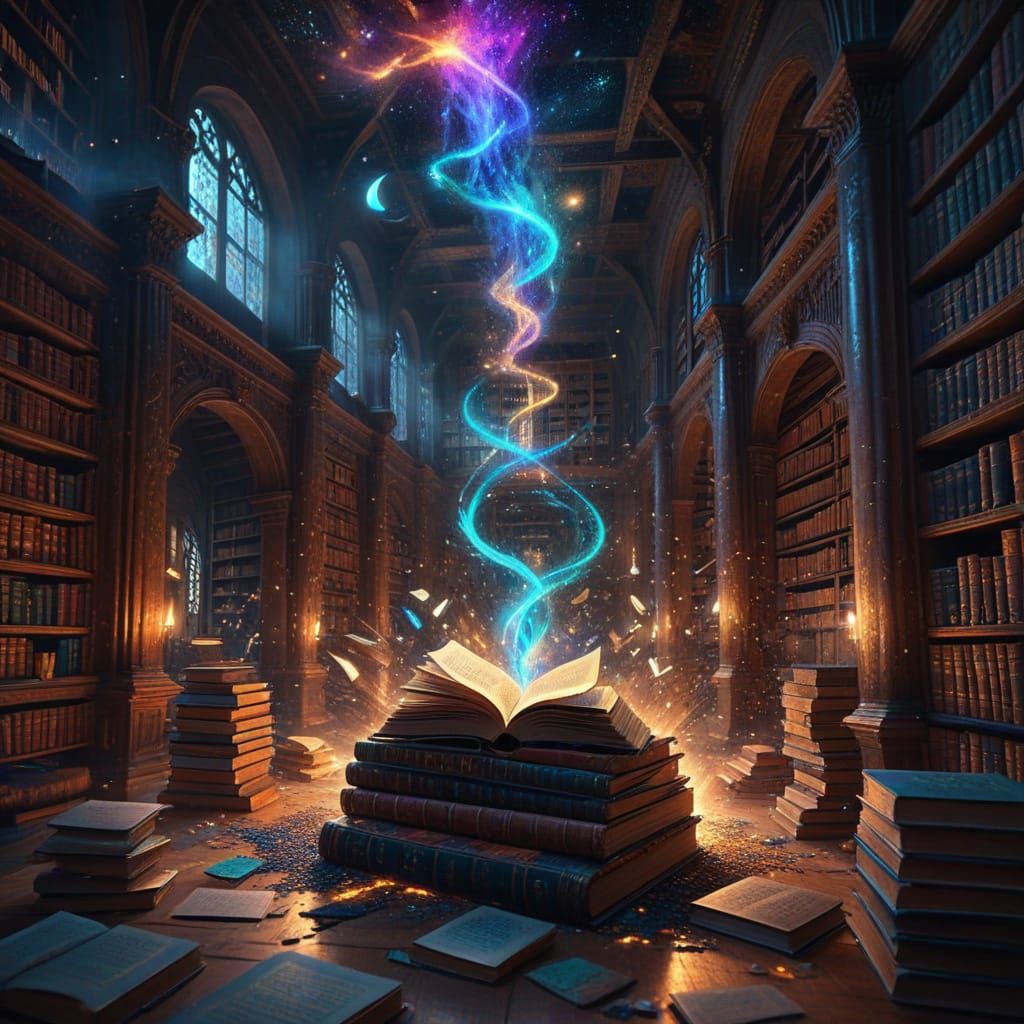 Mystical Ancient Library with Luminous Books