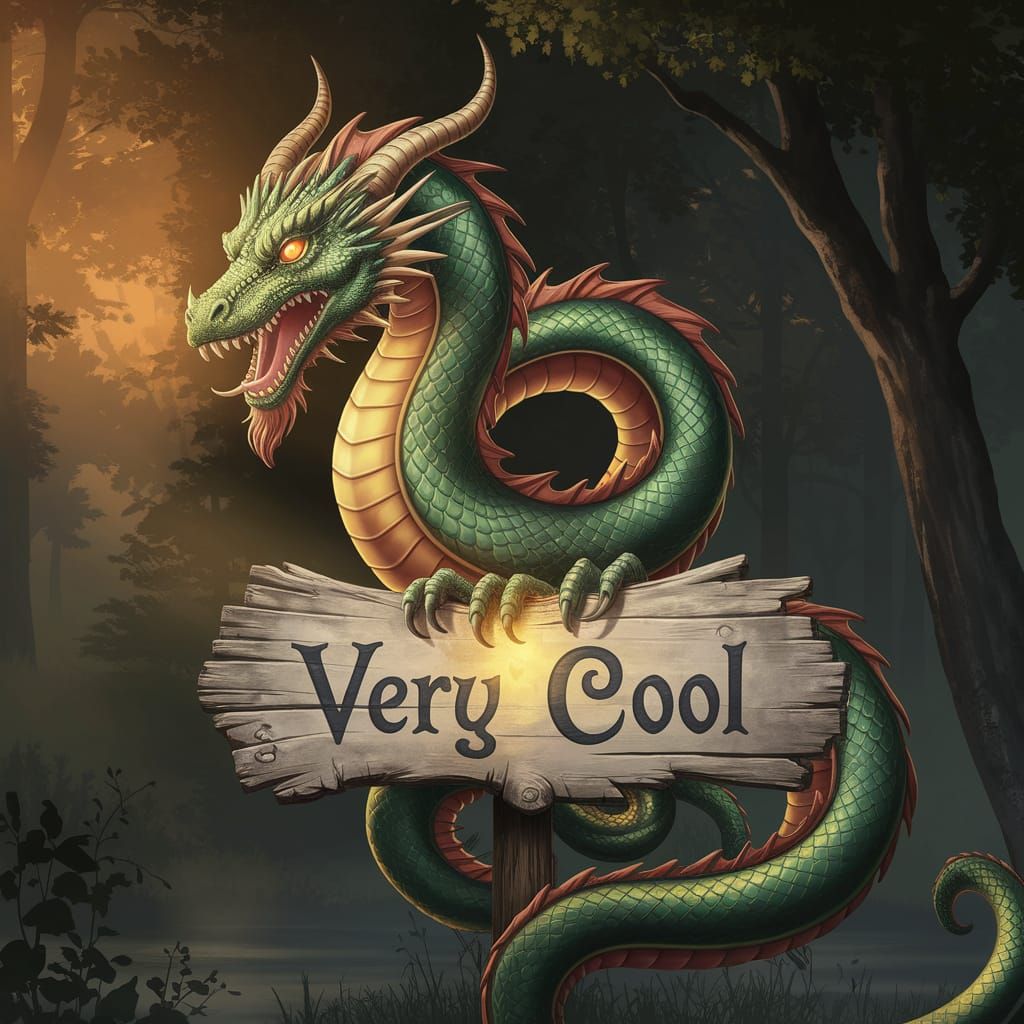 Serpentine Dragon with "Very Cool" Sign