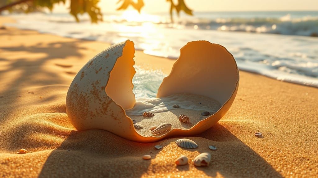 Surreal Beach Scene Unfolds from a Weathered Eggshell