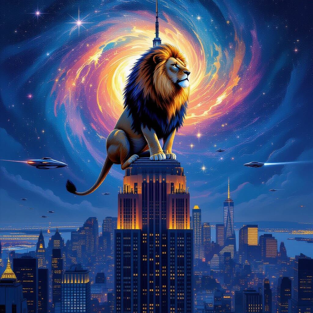 Cosmic Lion Over Futuristic City in Art Deco Style