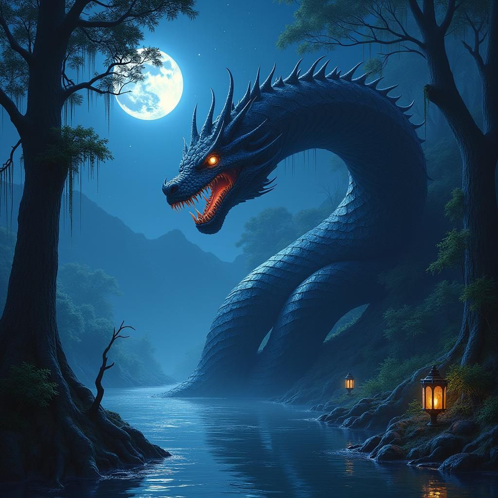 Seven-Headed Hydra Emerges from Misty Swamp