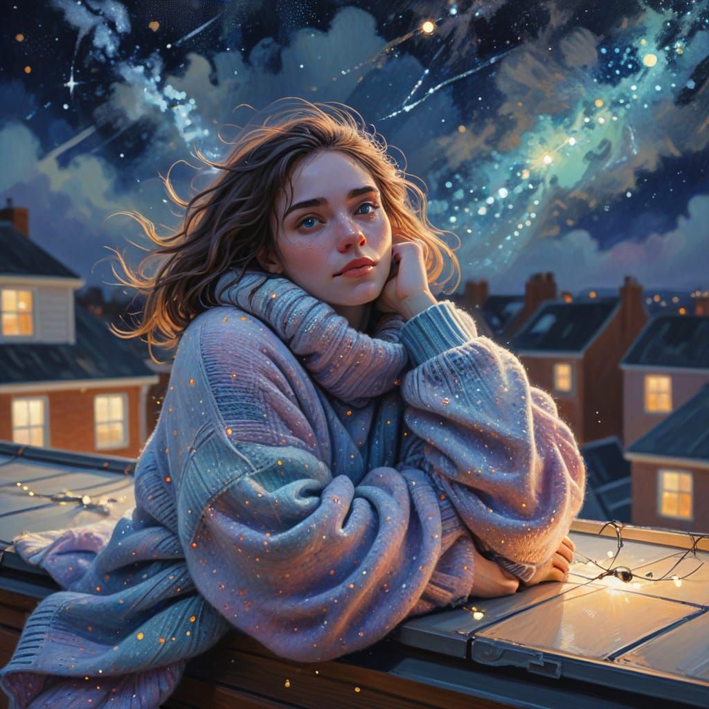 Whimsical Rooftop Star Gazer in Impressionist Style