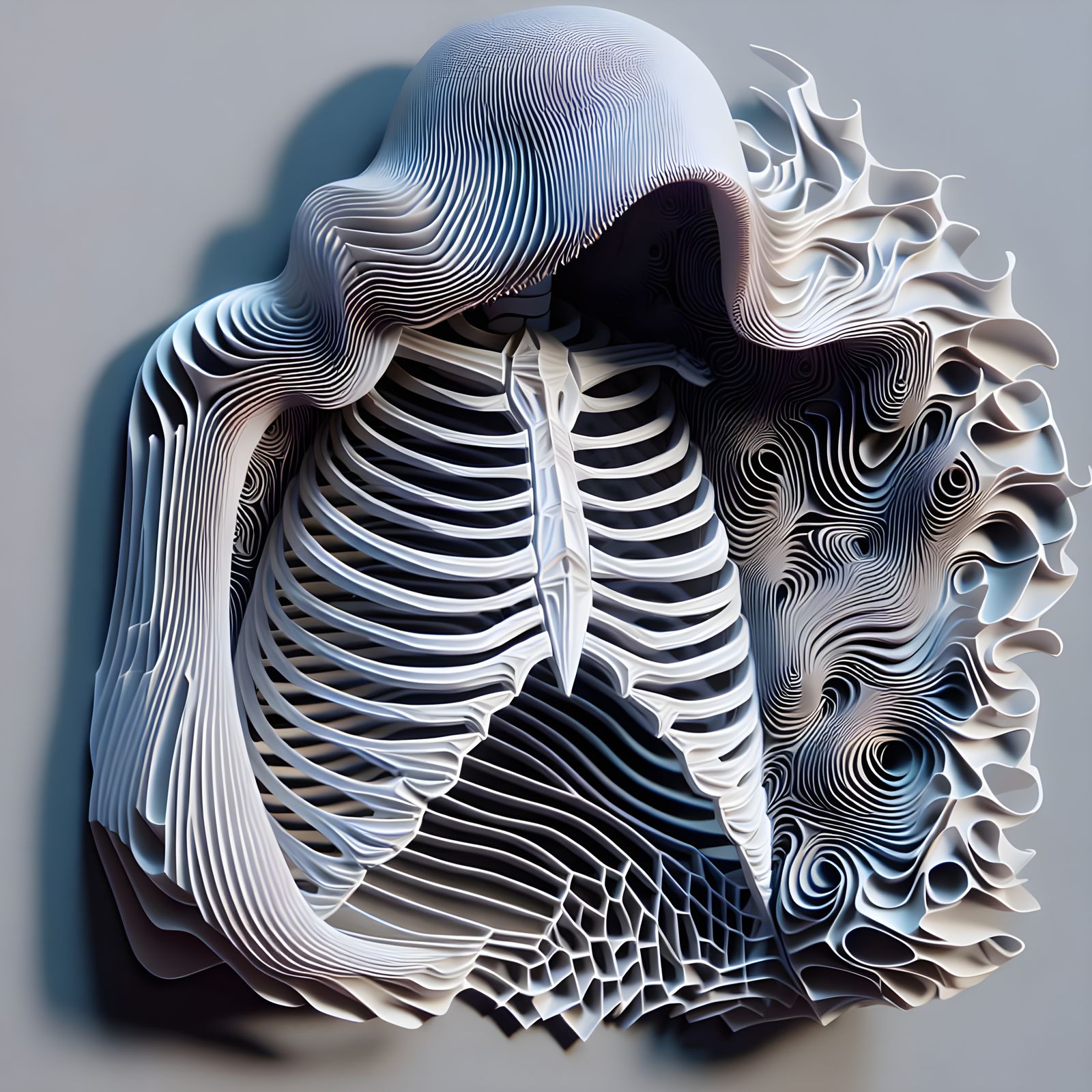 Distorted Paper Ribcage Emerges from Glitching Reality
