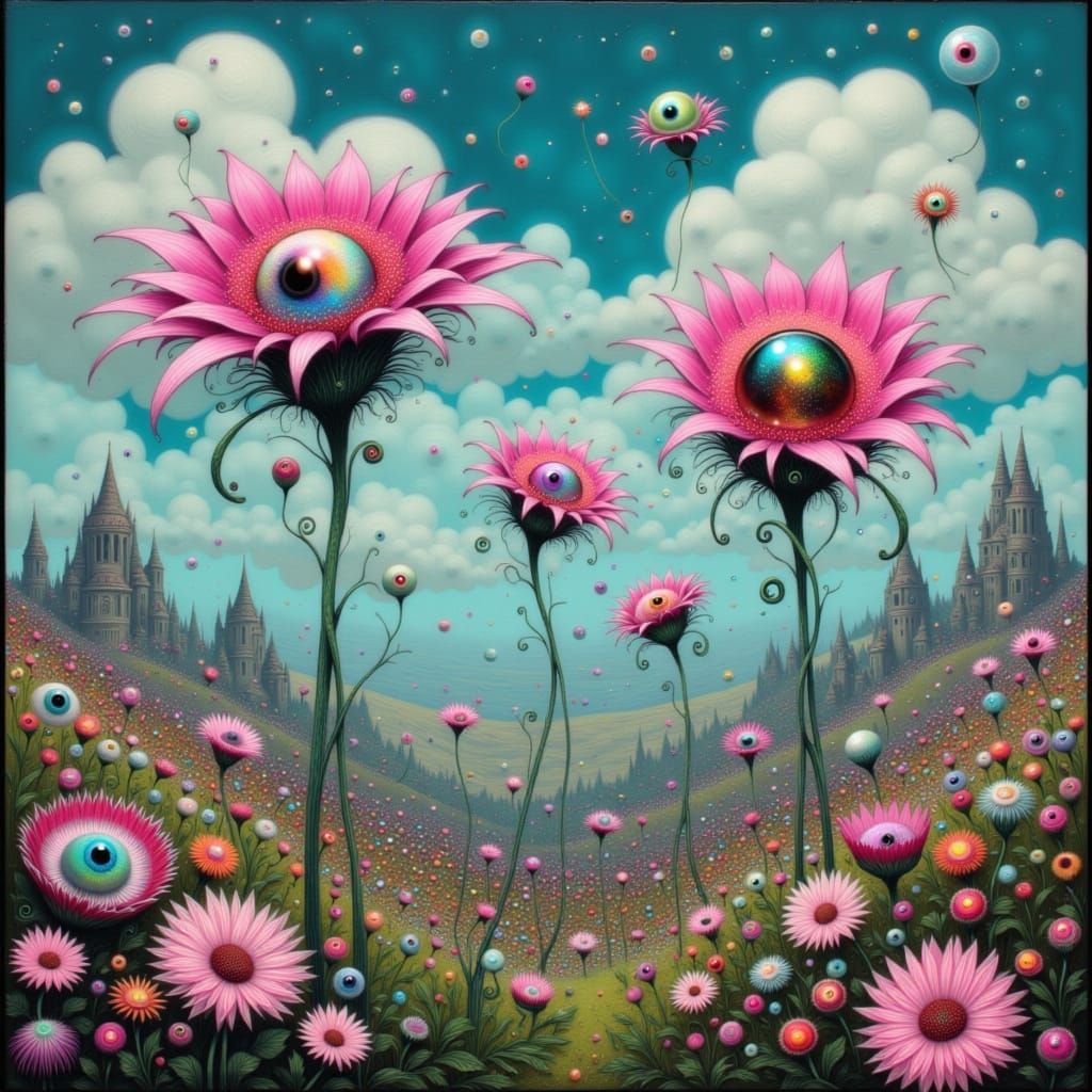 Alien Eyeball Flowers in Dreamlike Landscape