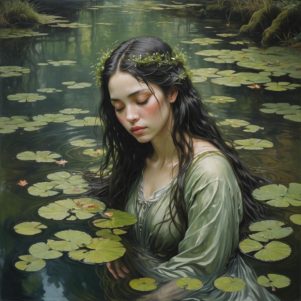 Contemplative Woman Emerging from Water in Impressionistic F...