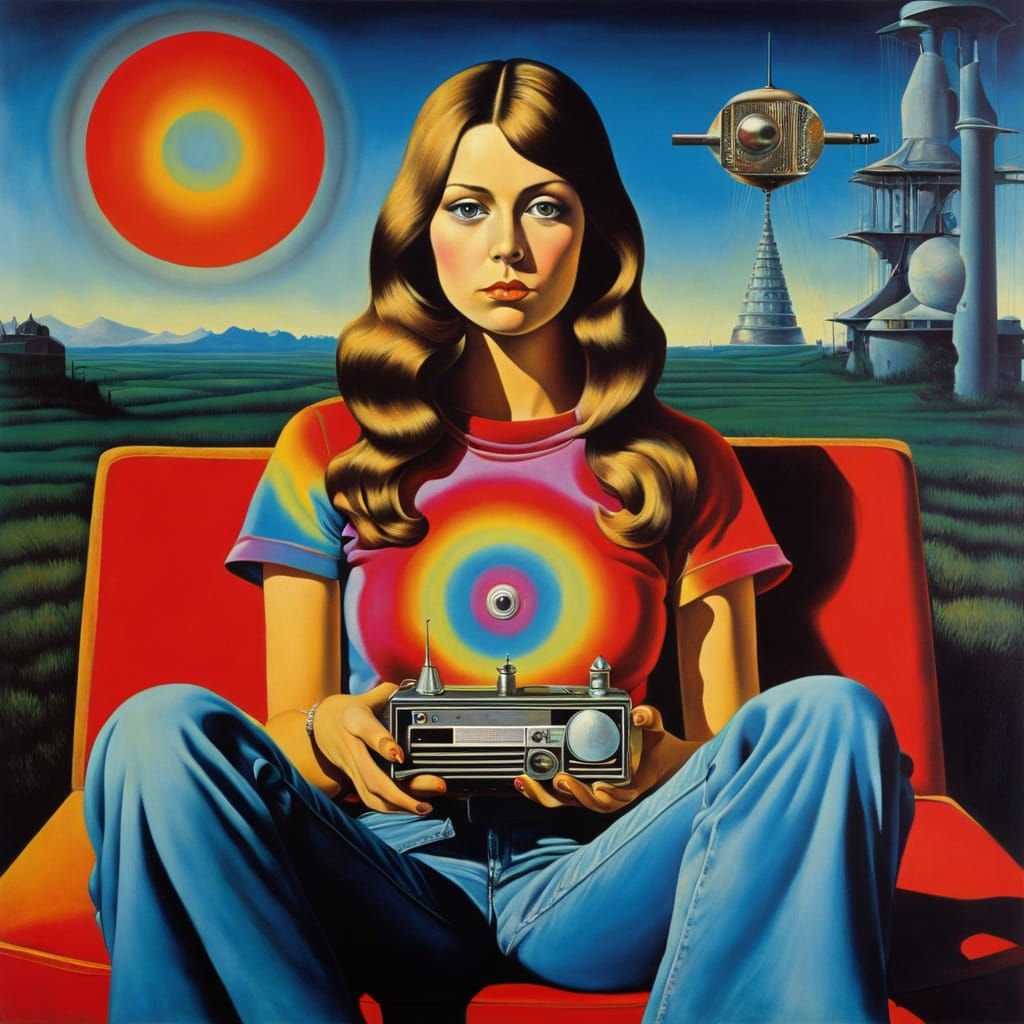 Psychedelic 1970s Woman with Radio, Surreal Art
