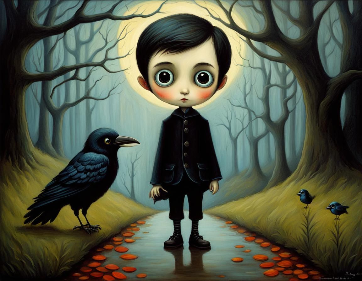 Child and Crow Impasto Storybook Illustration