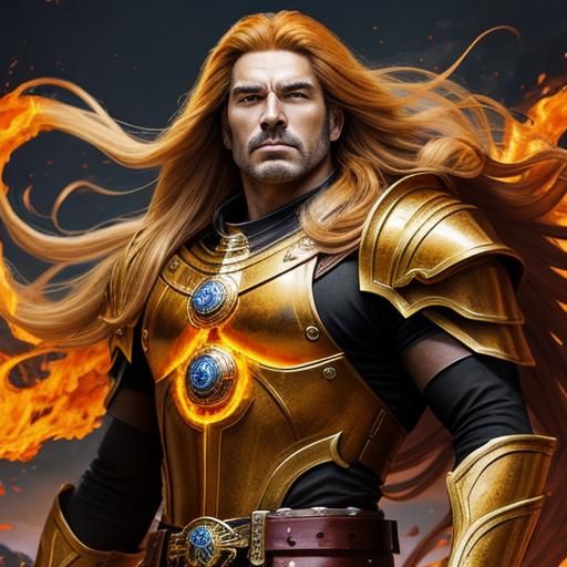 Fiery Aura Surrounds Golden-Haired Warrior in Armor