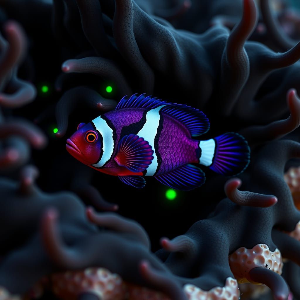 Jewel-Toned Clownfish in Bioluminescent Anemone, Digital Pai...