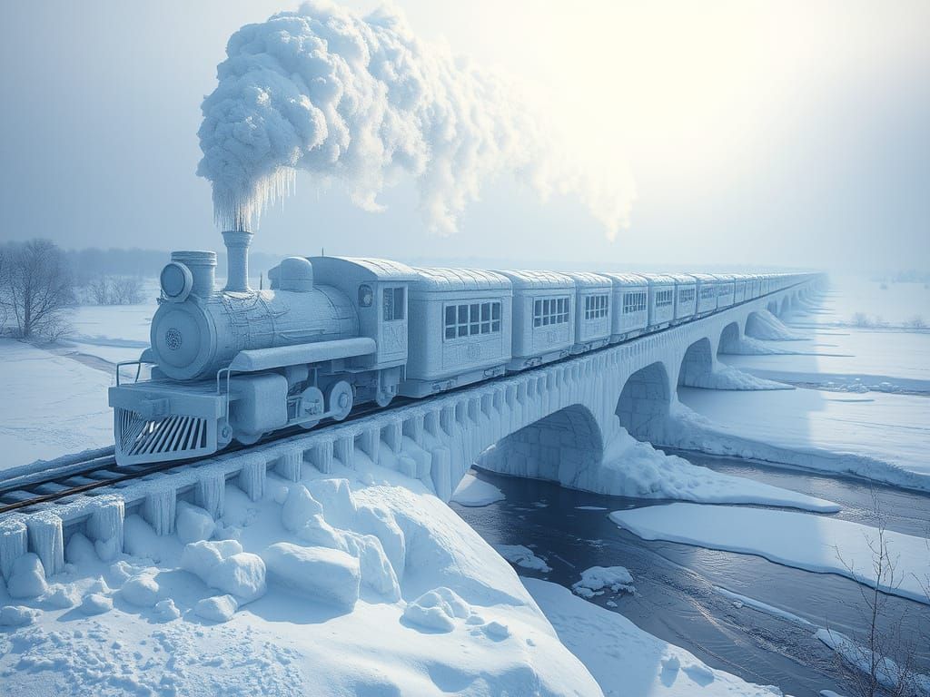 Frost Train on Snowy Bridge - Hyperrealistic Digital Art