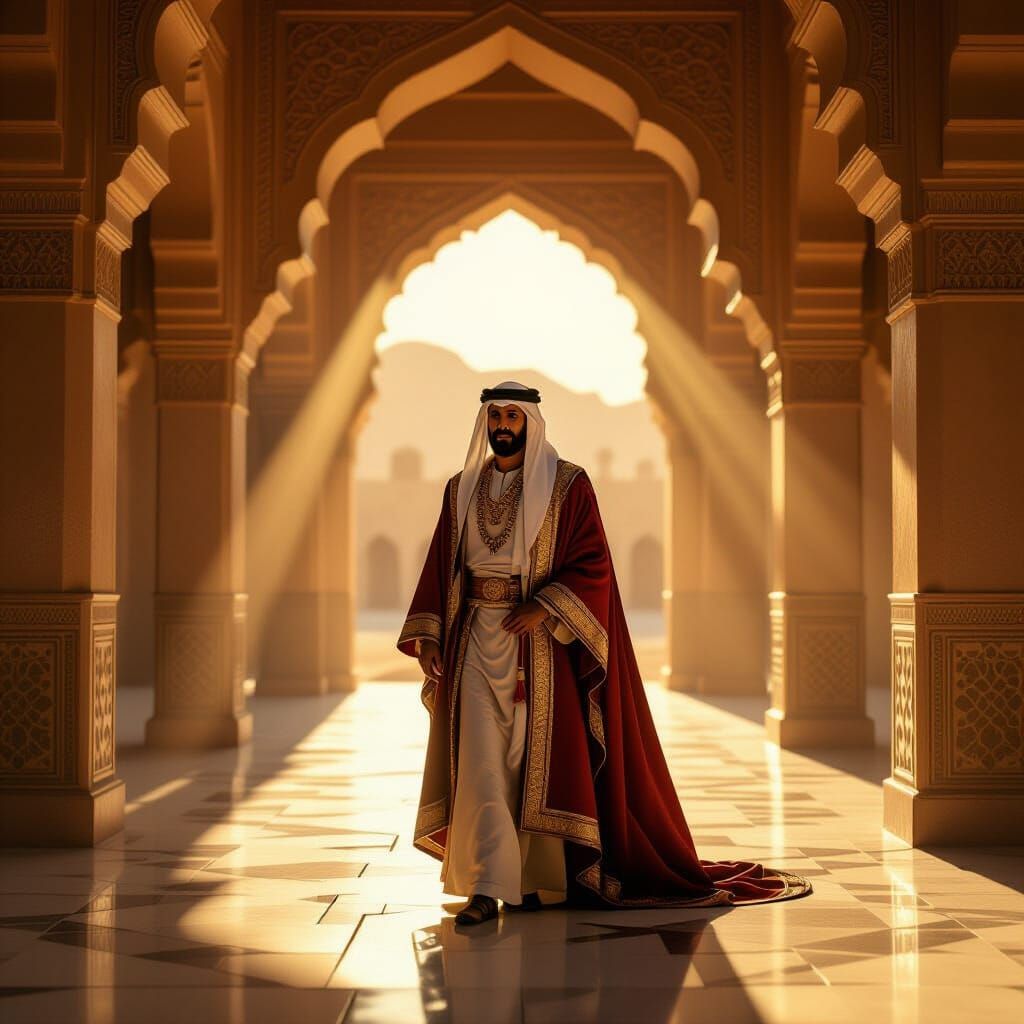 Ancient Arab King in Desert Palace, Photorealistic Style