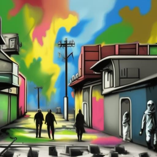 Colorful Paintball Fight Street Scene in Detailed Matte Styl...