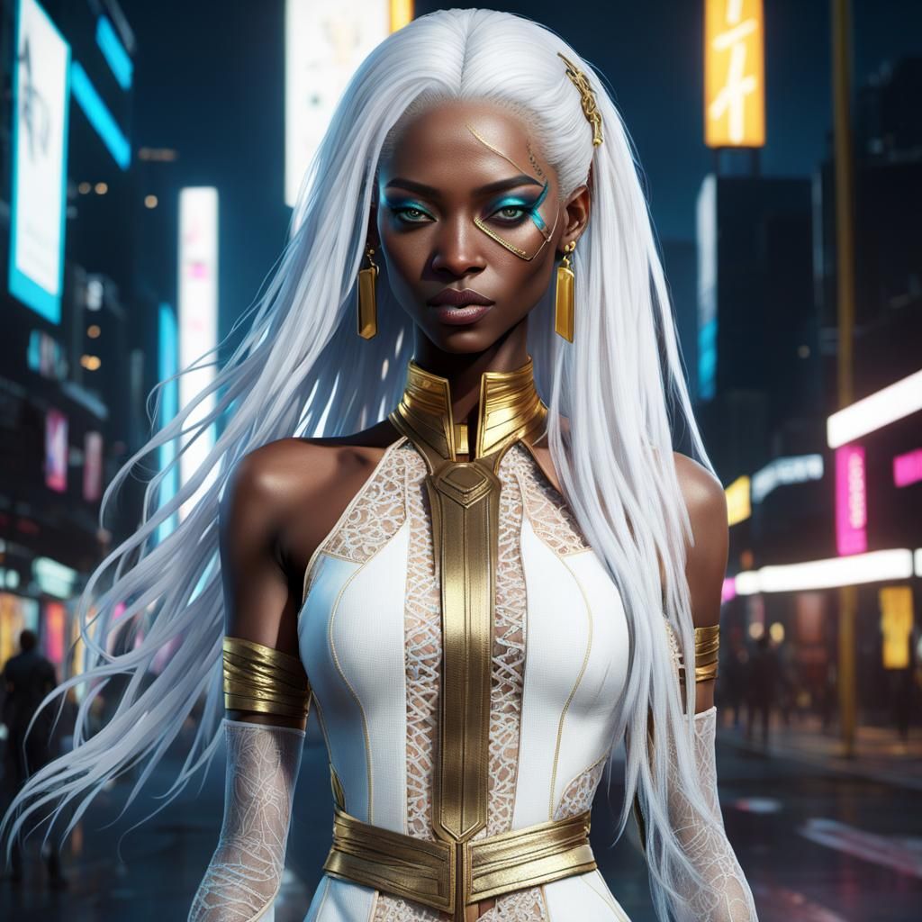 Cyberpunk Girl with Gold Accents and Lace Dress