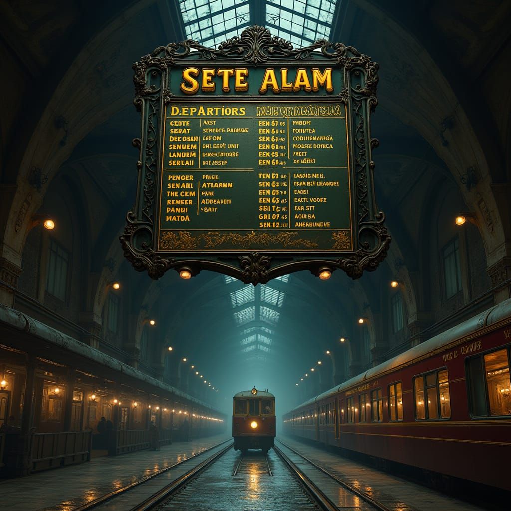 Mysterious Train Station with Sete Além Schedule in Golden L...