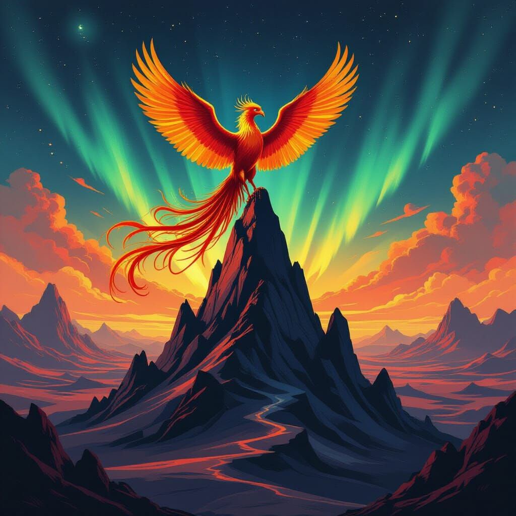 Majestic Phoenix on Obsidian Peak - Fantasy Art