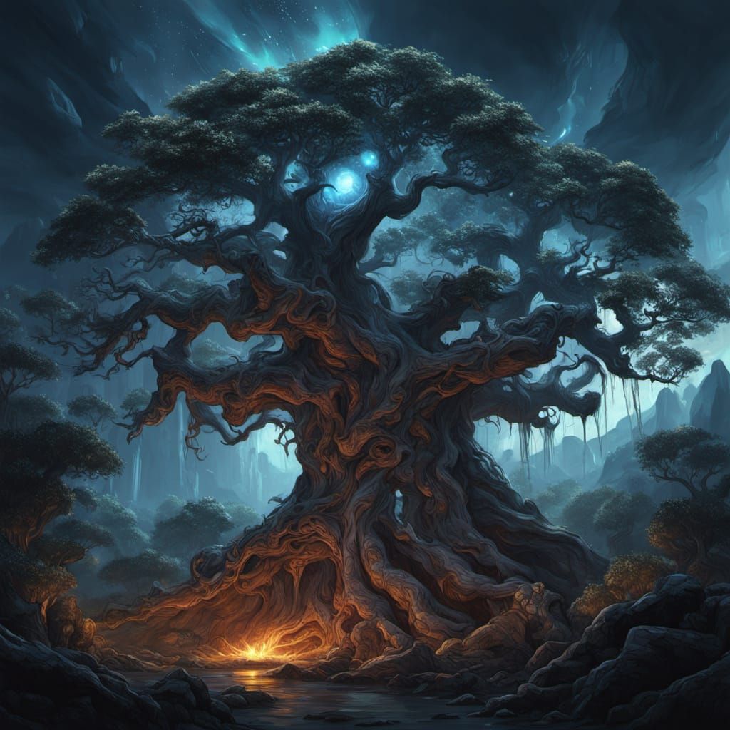 Colossal Ancient Tree Beneath Twilight Sky: Dark Fantasy