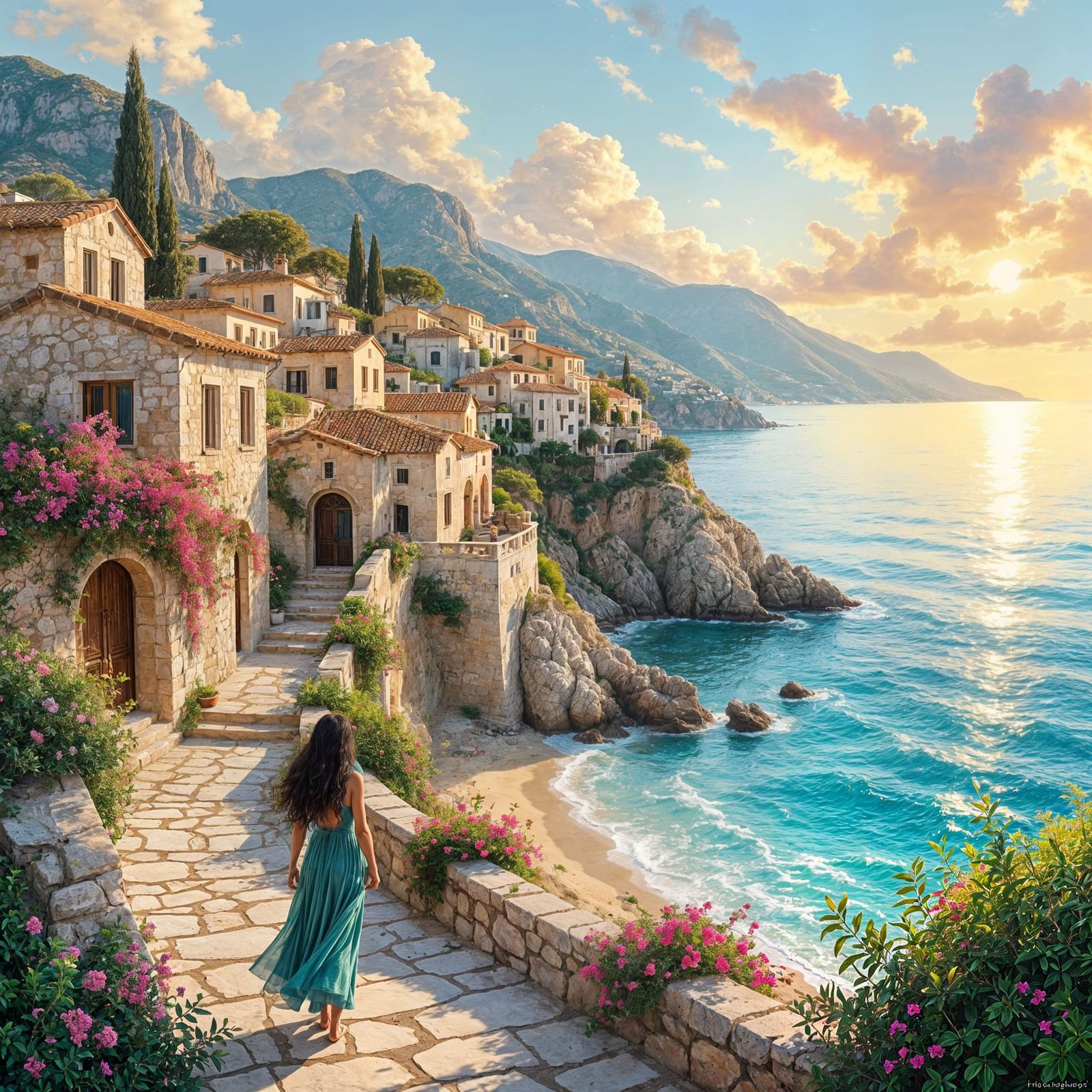 Mediterranean Coast at Golden Hour with Elf Girl
