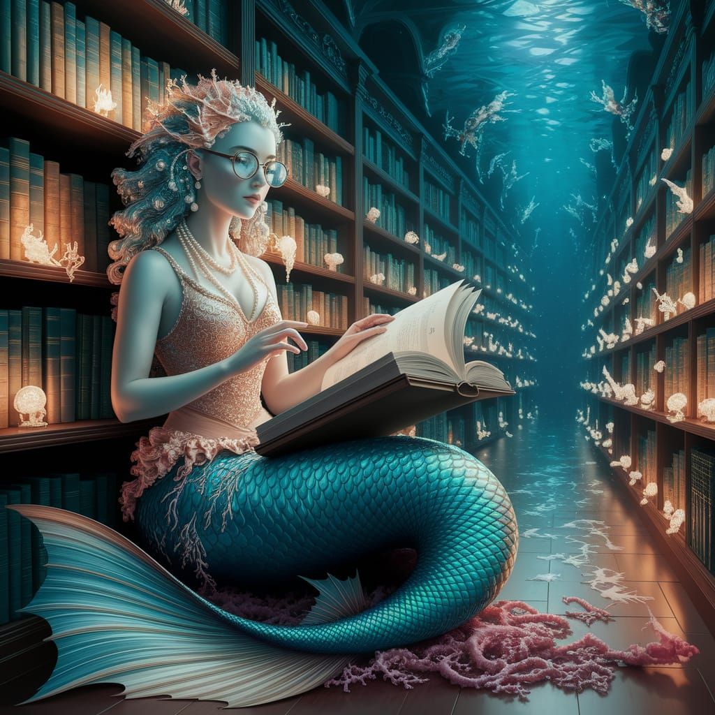 Mermaid Cartographer in Bioluminescent Library