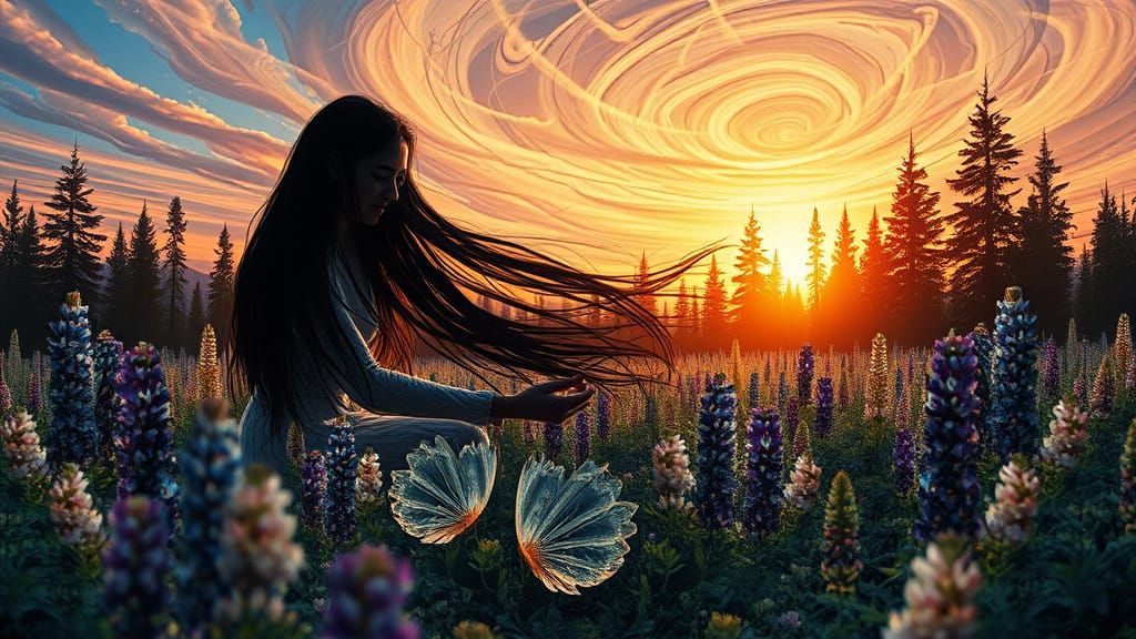 Woman in Lupine Field: Etching with Forest Exposure