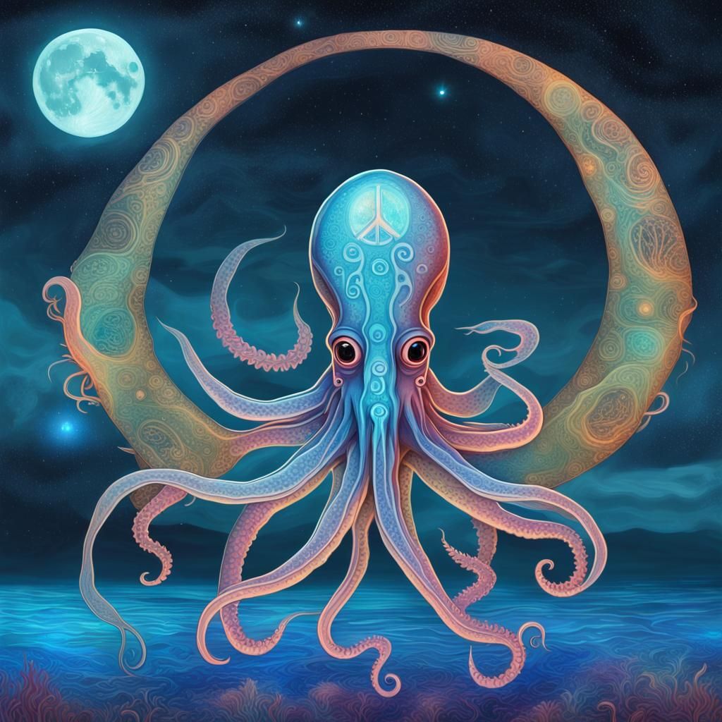 Bioluminescent Squid Spreading Peace Under Full Moon