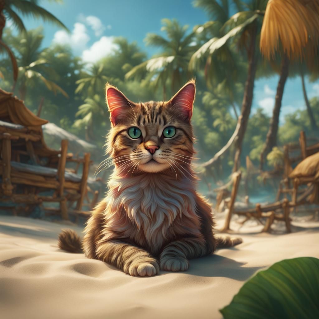 Tropical Beach Cat in Detailed Digital Painting