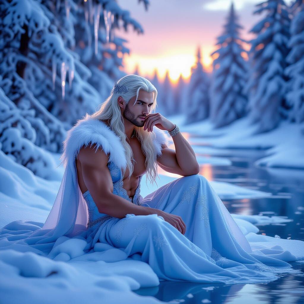 Ethereal Ice King in Snowy Forest at Sunset