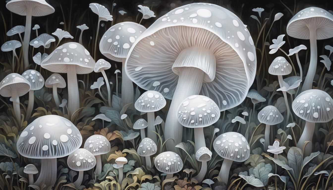 Neon Mushroom Dreamscape with Calligraphy Details