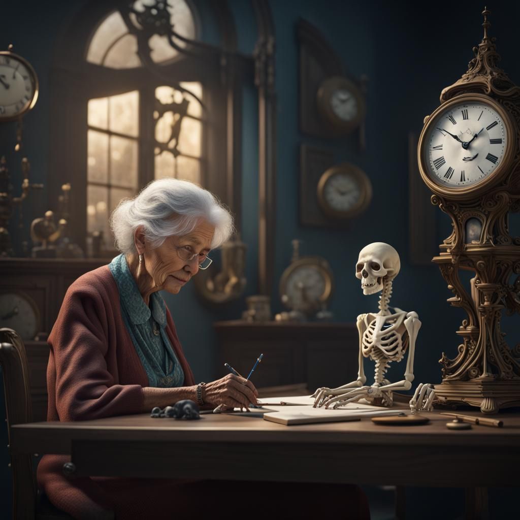 Old Woman and Skeletal Doll in Surrealist Style