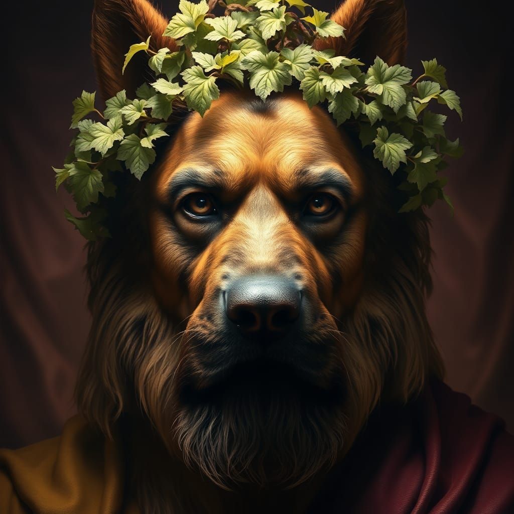 Zeus and German Shepherd Portrait in Atmospheric Realism