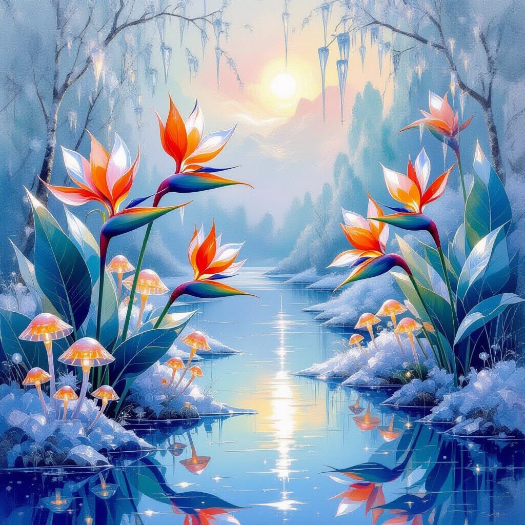 Ethereal Ice Garden: Birds of Paradise Frozen Lake Fantasy A...