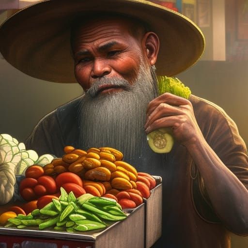 Vegetable Seller in Jakarta, Hyperdetailed Portrait