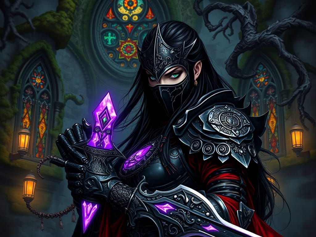 Ethereal Dark Fantasy Warrior in Ancient Ruins