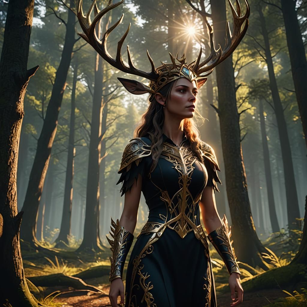 Mystical Forest Woman with Antlers in 3D Style