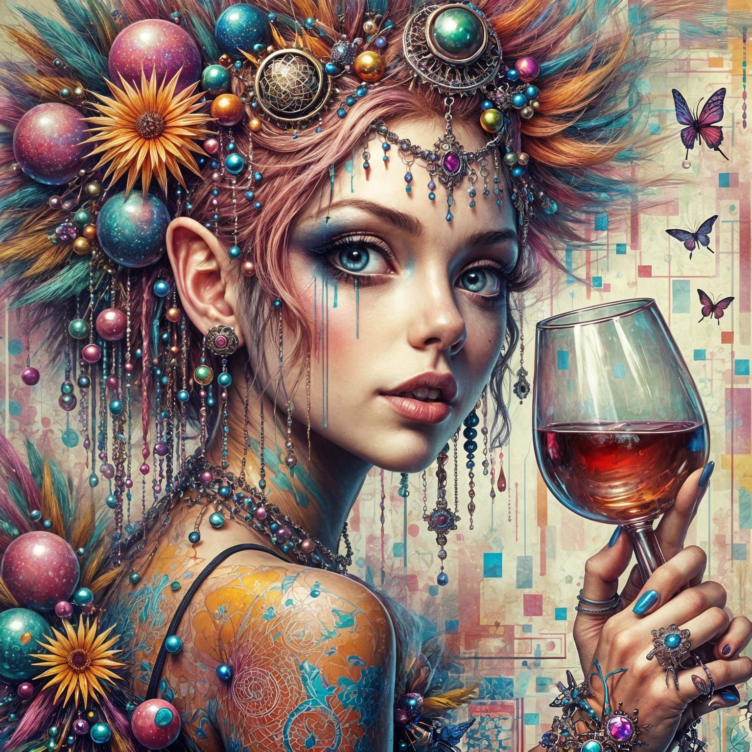 Punk Woman with Wine in Digital Art Style