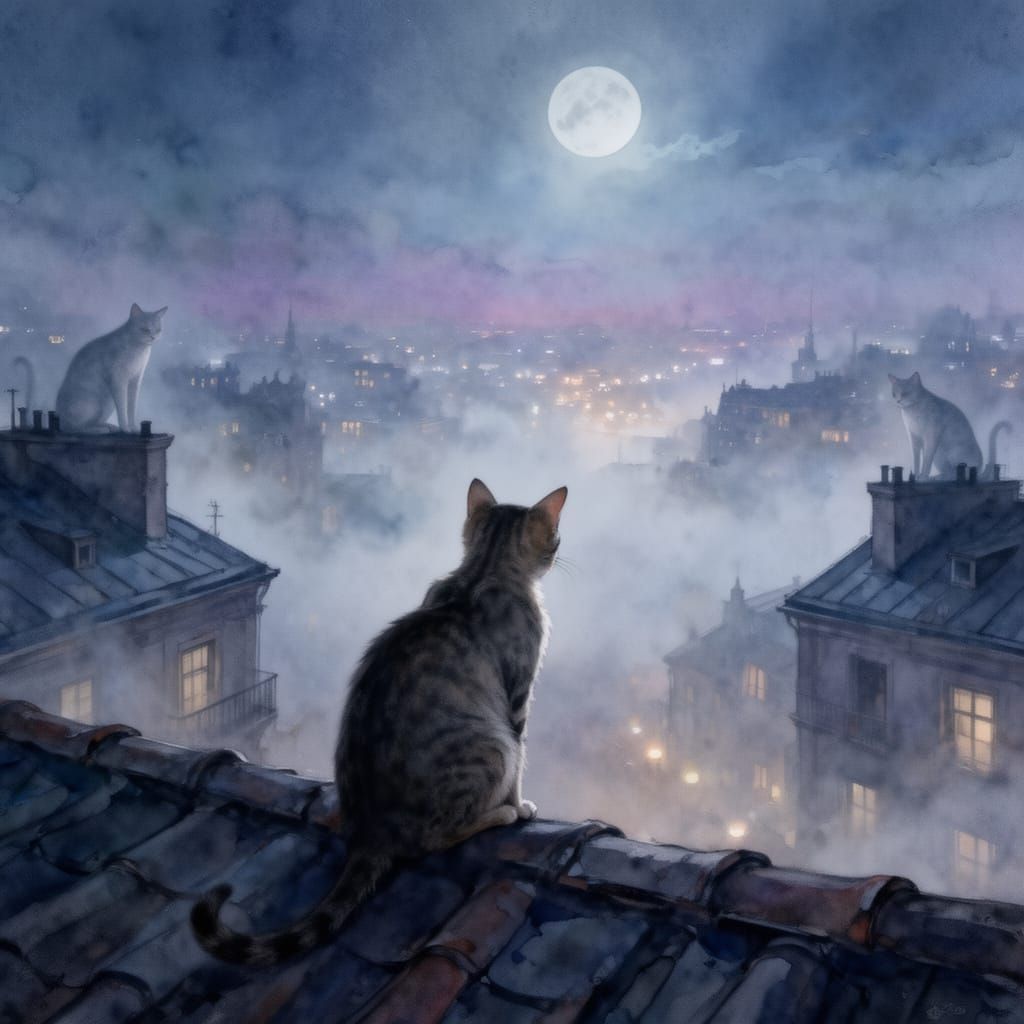 Elegant Cat on Moonlit Rooftop Overlooking Foggy Cityscape