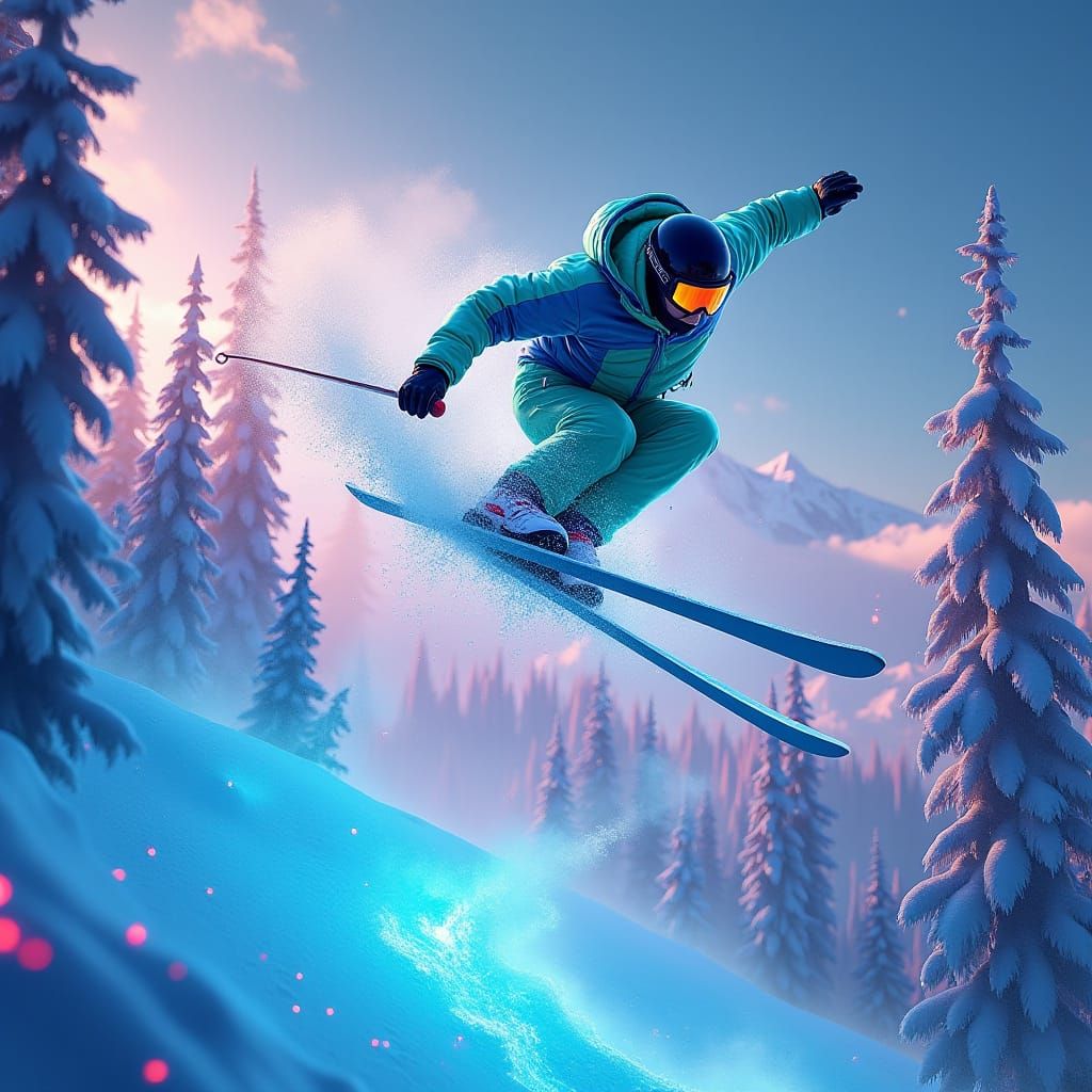 Skier's Daring Flip in a Neon Dreamscape