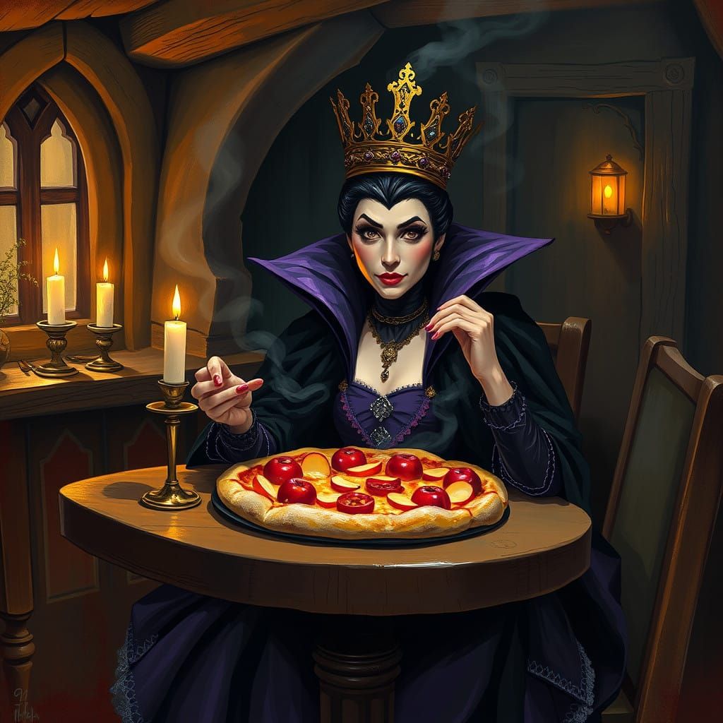 Dark Queen Savoring Renaissance-Inspired Pizza