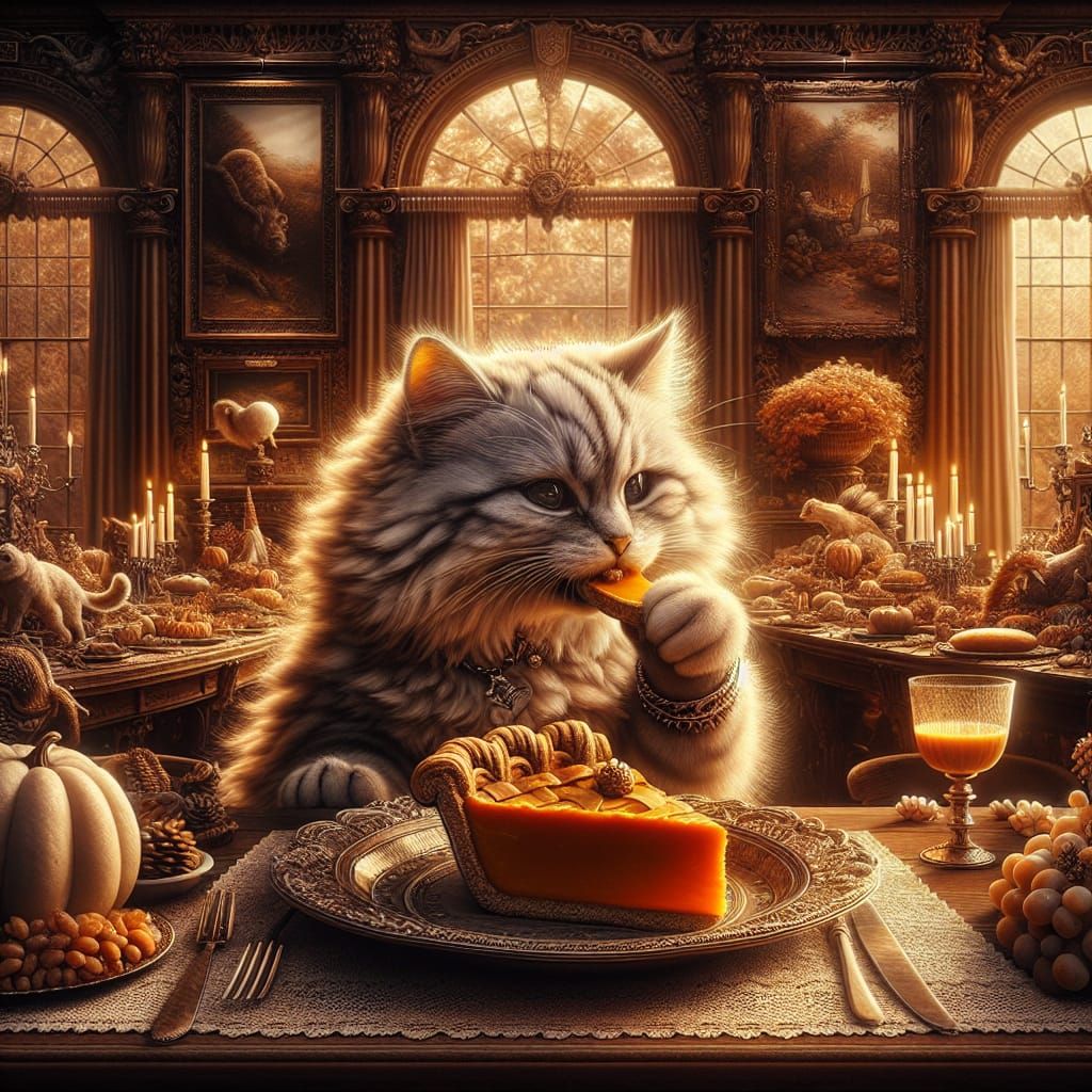 Fluffy Cat Enjoys Pumpkin Pie: A Digital Matte Painting