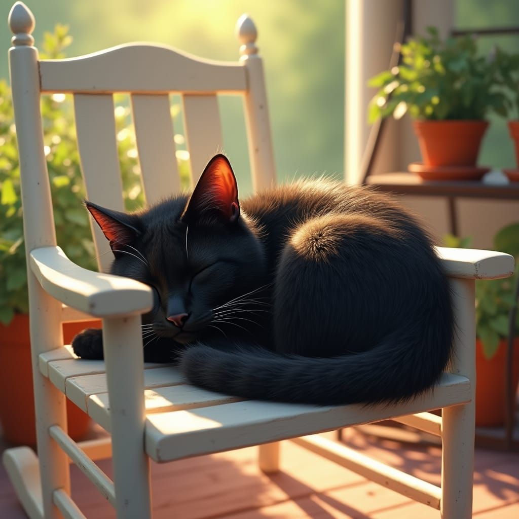 Lazy Black Cat Napping in Sunlit Rocking Chair