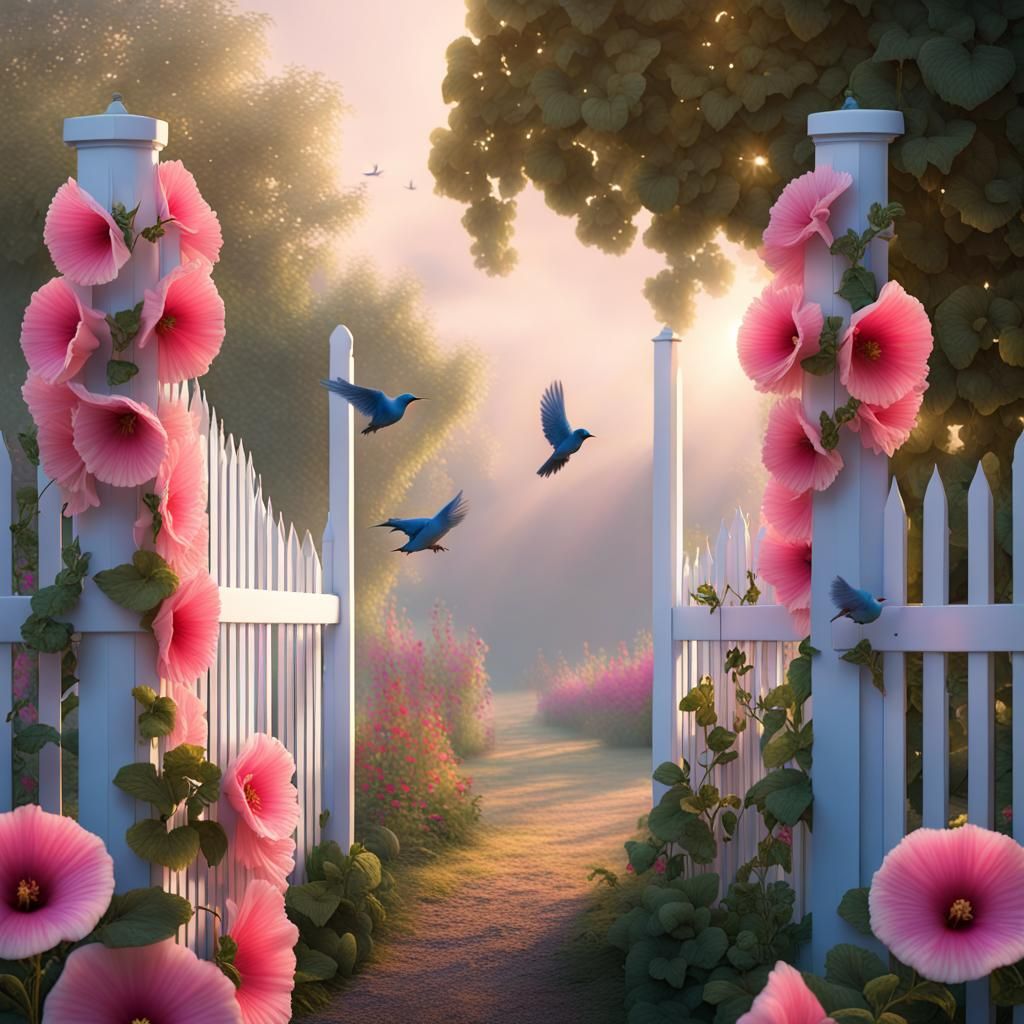 Pink Hollyhocks and Bluebirds in Golden Hour Garden