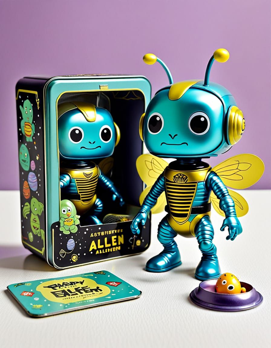 Vintage-Style Sci-Fi Bee Alien Toy Figure in Collectible Tin