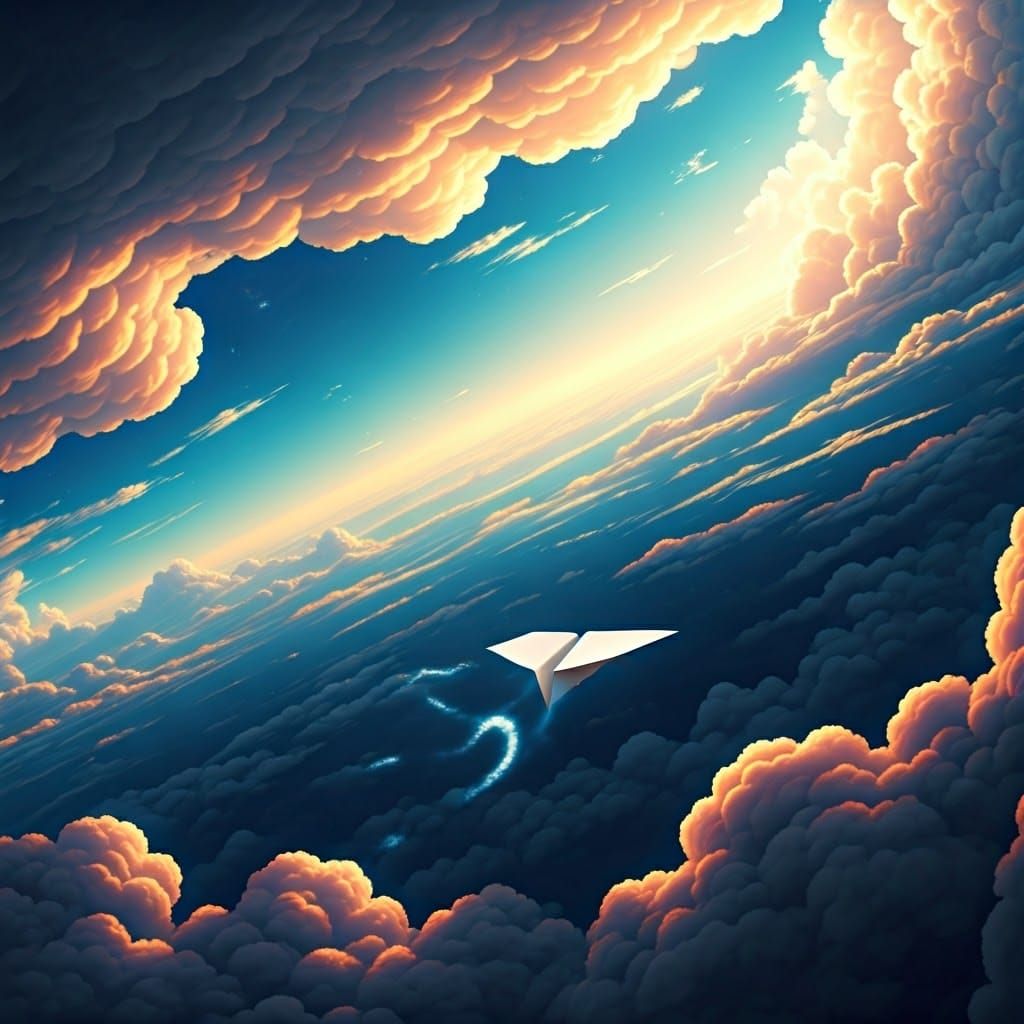 Paper Airplane Gliding Through Dreamy Sky