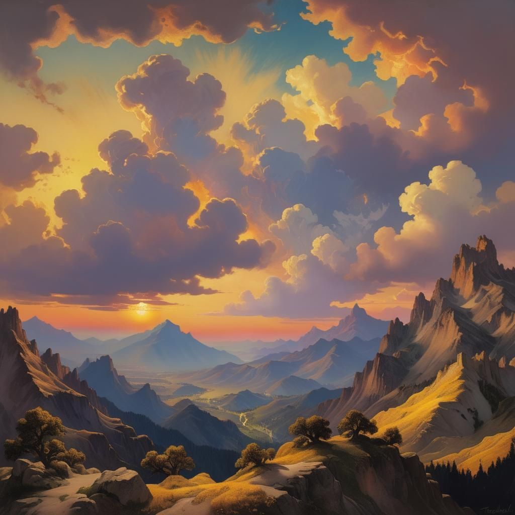 Vibrant Sunset Over Mountain Landscape: Masterpiece