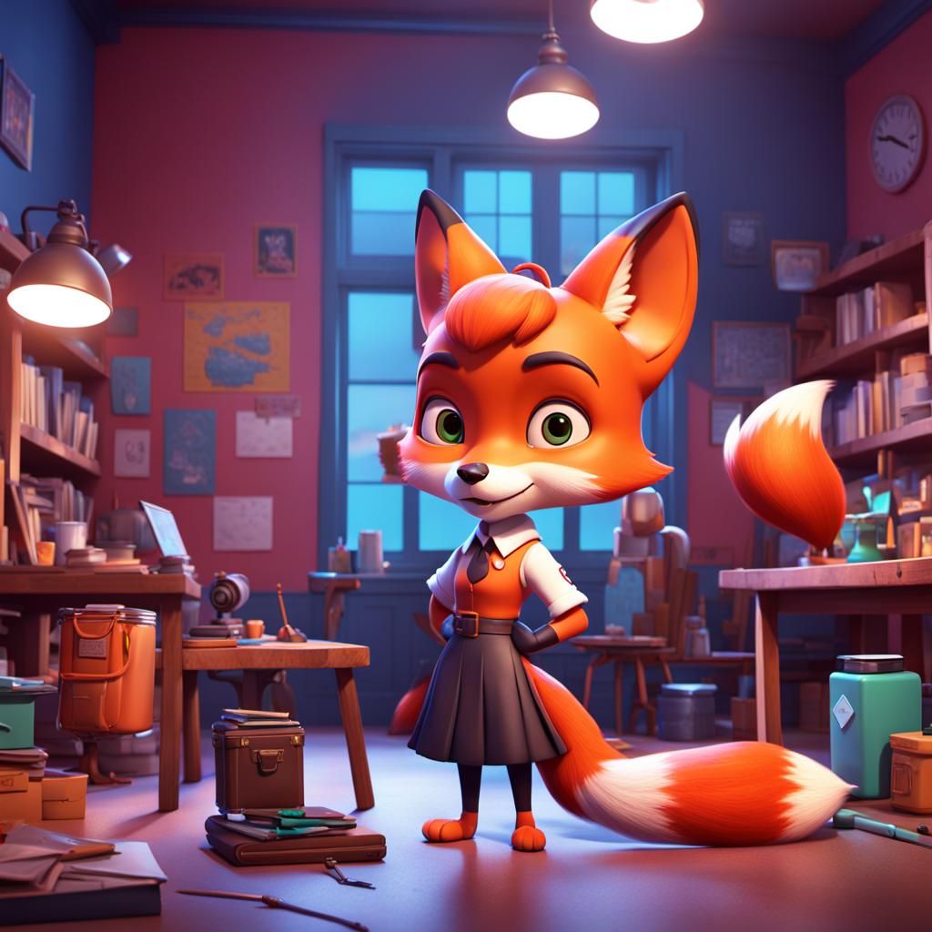 Fox Girl Ready for School: 3D Digital Art