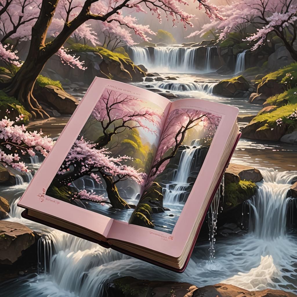 Serene Waterfall Philosophy Book at Sunrise