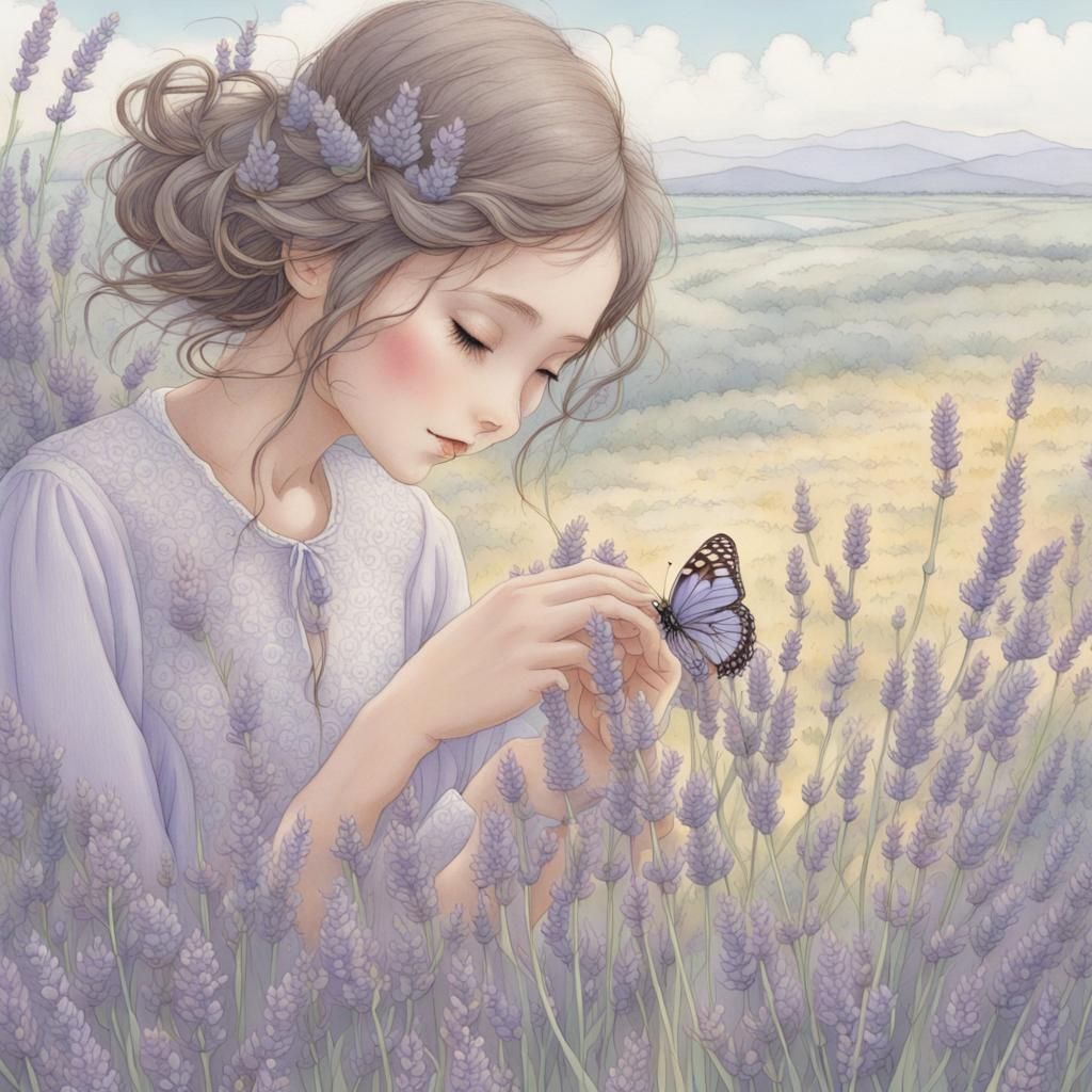 Butterfly Foraging Lavender in Pastel Illustration