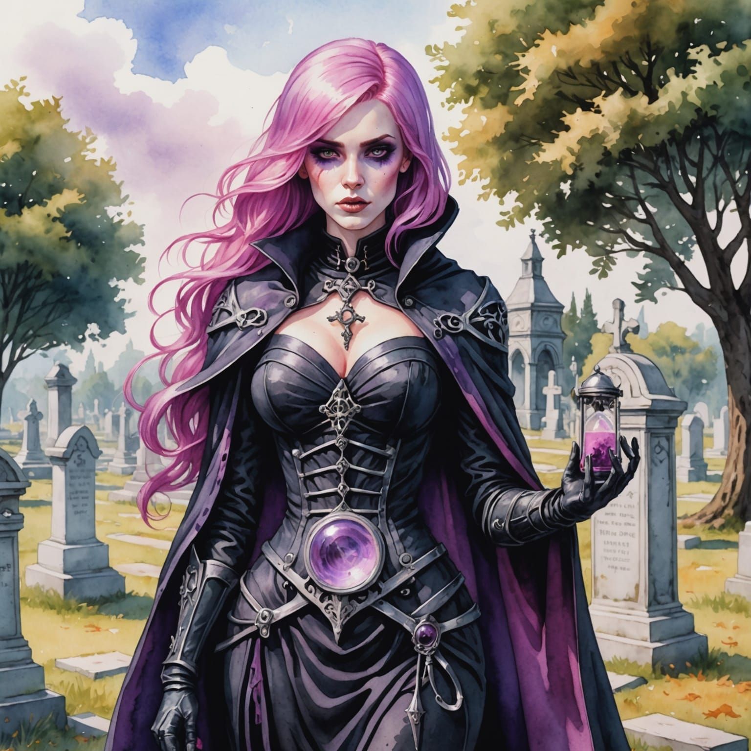 Pink-Haired Reaper Poses in Cemetery, Watercolor Style