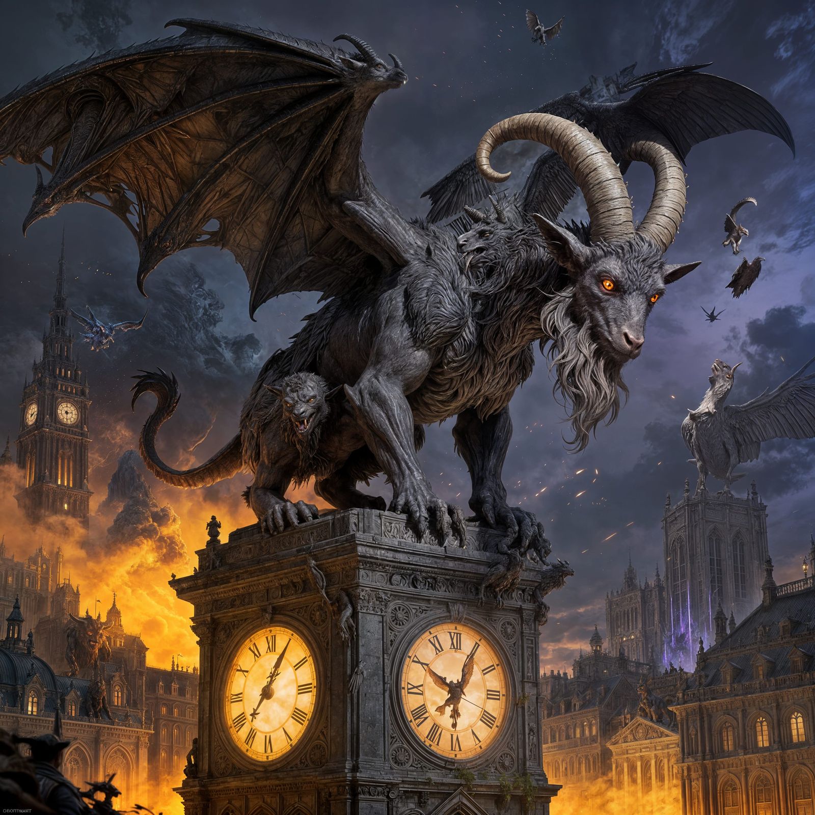 Gargoyle Awakens on Clocktower in Dark Fantasy Style